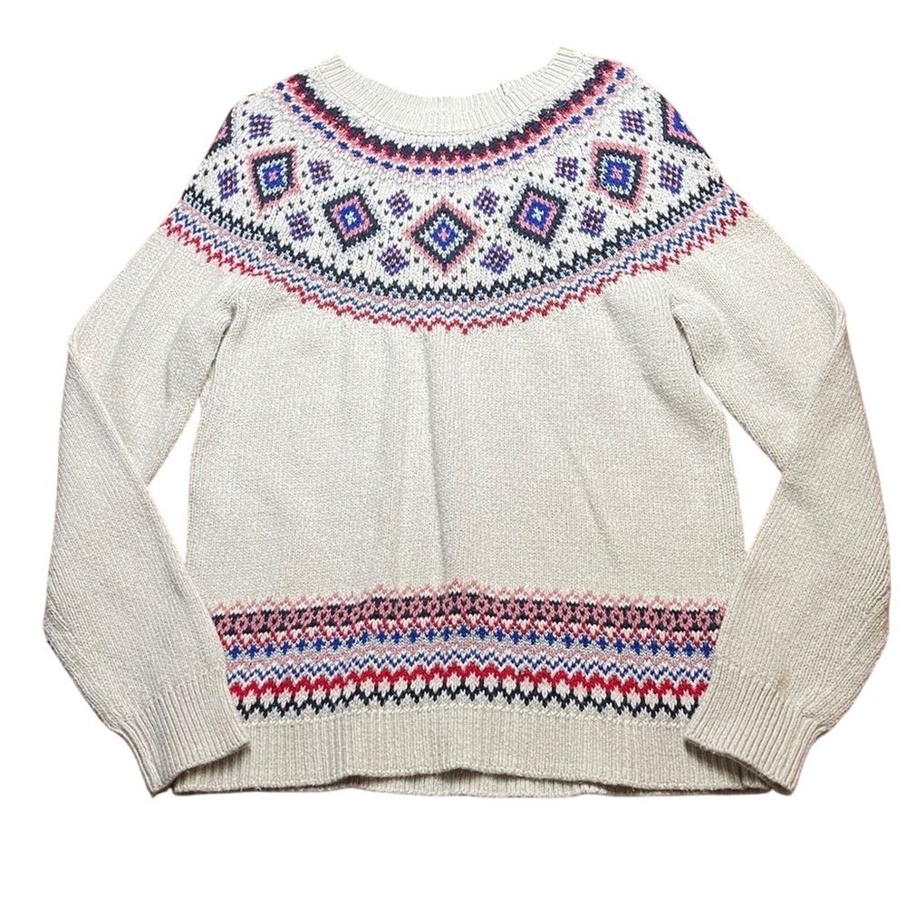 Old Navy Beige Fair Isle Metallic Knit Sweater L Crewneck Long Sleeve Yoke